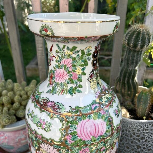 Large Antique Famille Rose Porcelain Vase Chinese Floral Figural Birds 18.5 Inch - Picture 15 of 16